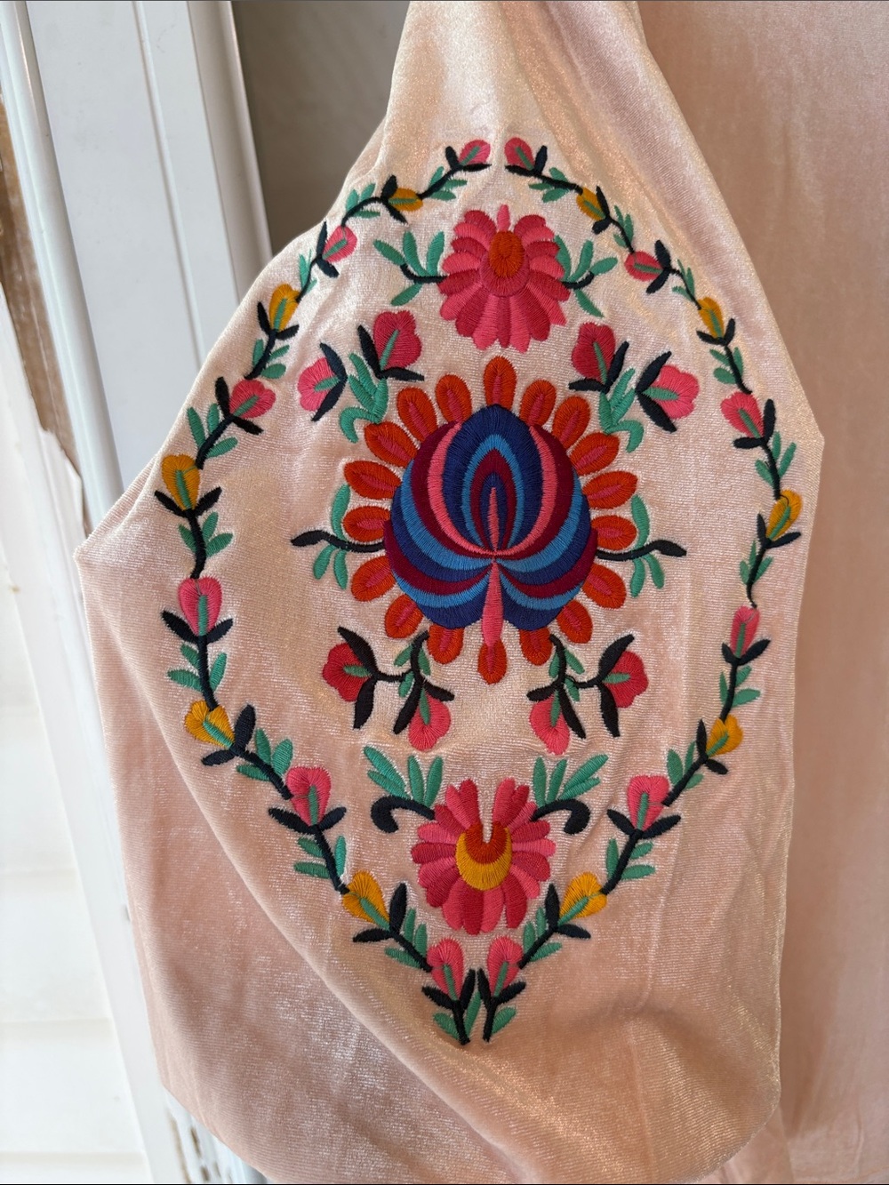 NWT easel Pale Blush Velvet Tunic with Pink & Yellow Floral Embroidery - Picture 3 of 4
